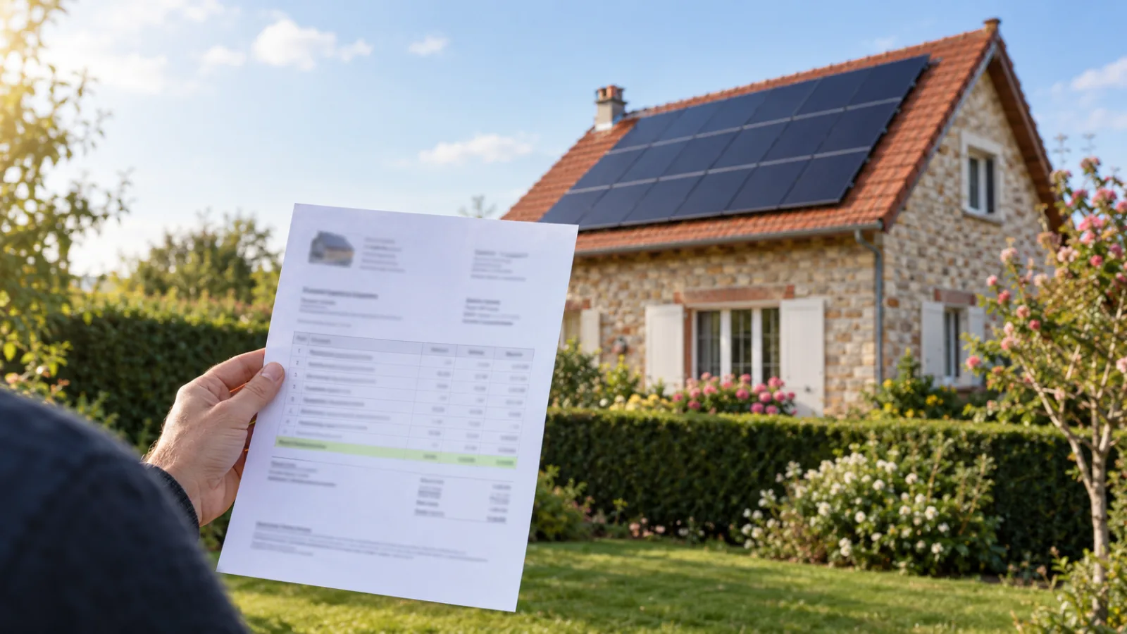 Devis de panneaux solaires tenu devant une maison en pierre équipée de panneaux solaires, ligne de TVA surlignée