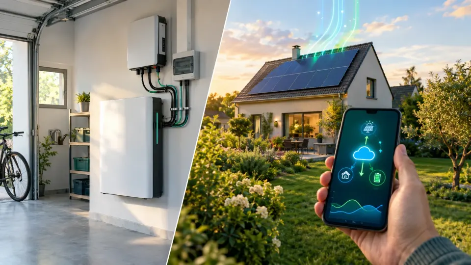 Immeuble de bureaux avec panneaux solaires en toiture et armoires de stockage par batterie