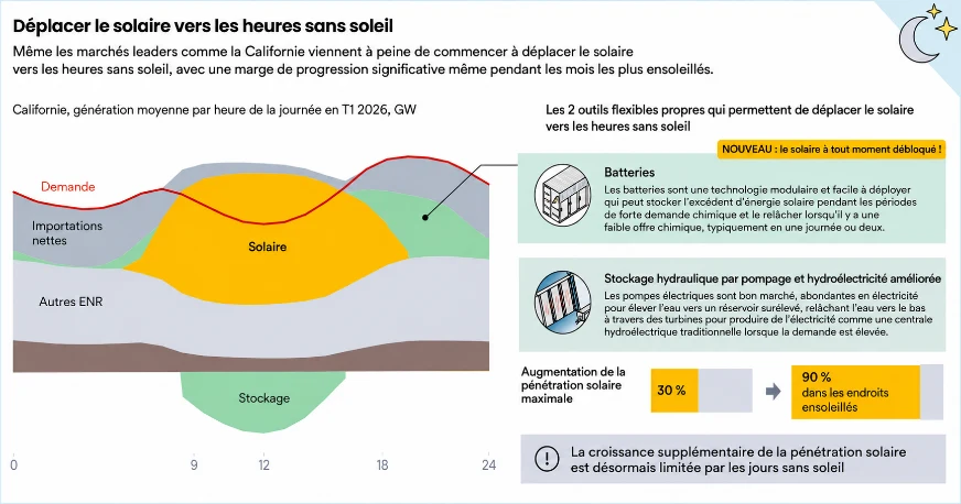 Infographie Ember adaptée en français : génération moyenne par heure en Californie au premier trimestre 2026, où les batteries déplacent le solaire vers les heures sans soleil