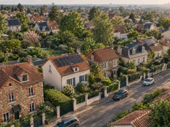 Quartier pavillonnaire d'Île-de-France vu du ciel, une maison équipée de panneaux solaires en toiture