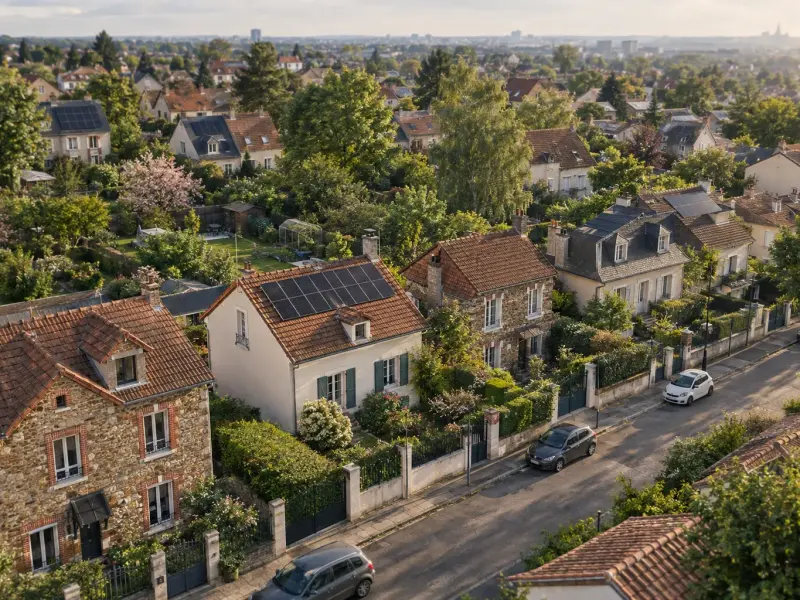 Vue aérienne d'un quartier résidentiel dont plusieurs toitures sont équipées de panneaux solaires