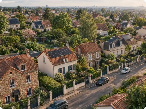 Quartier pavillonnaire vu du ciel : une maison équipée de panneaux solaires entourée de maisons voisines